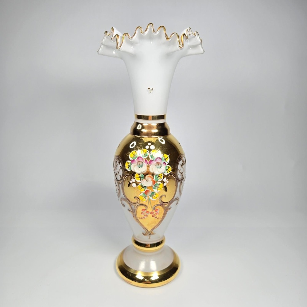 Vintage Bohemian Czech Gold Gilt Raised Enamel Hand-painted Vase Urn Ruffled 10"